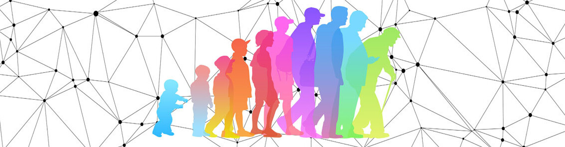 Grafi mit Netzwerkk und Menschen in verschiedenen Altersstufen