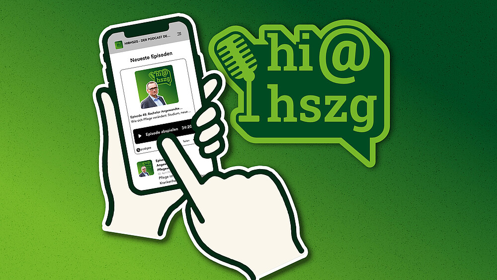 Eine grüne Grafik, auf der eine Hand ein Smartphone hält und eine andere Hand im Comic-Style darauf tippt. Daneben steht der Schriftzug "hi@hszg".