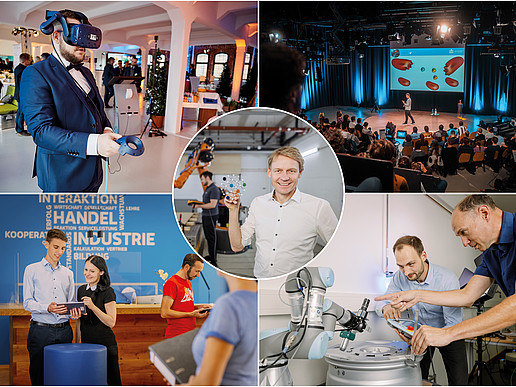 Eine Bildcollage mit unterschiedlichen Perspektiven auf Saxony5-Aktivitäten: Mitarbeiter im Labor, eine Podiumsdiskussion, ein Versuchsstand mit VR-Brille, Mann, der ein Modell in der Hand hält, das dem Saxony5-Logo ähnelt.