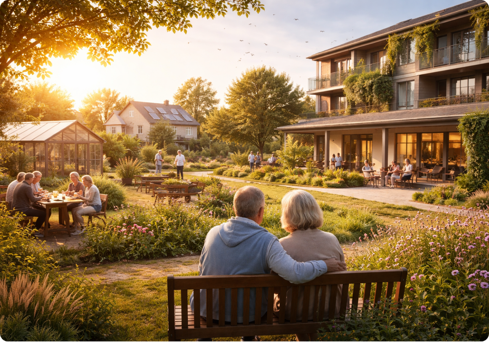 Älteres Paar sitzt auf einer Bank vor einem futuristischem Haus
