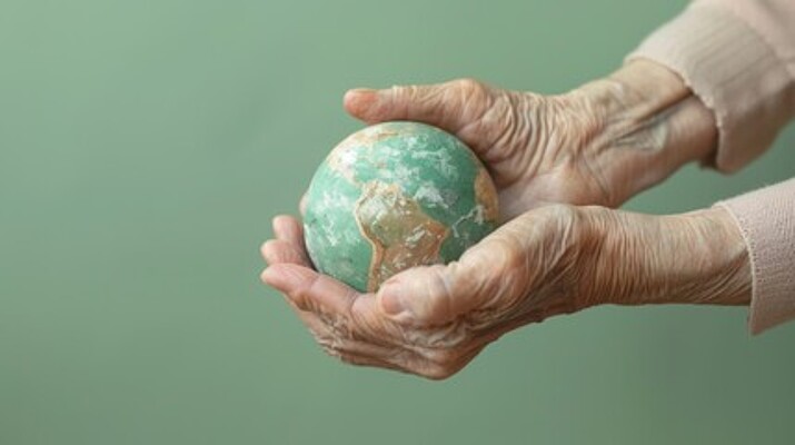 Die Hände einer älteren Dame halten eine kleine Weltkugel