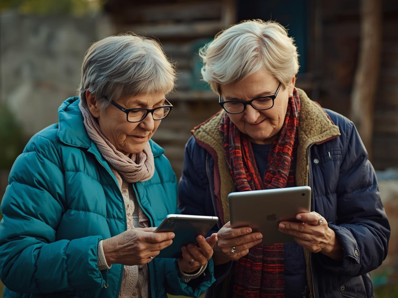 Zwei Frauen schauen auf ein Tablet