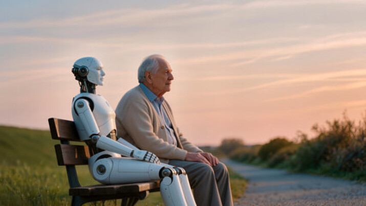 Älterer Herr sitzt neben einem Roboter auf der Bank