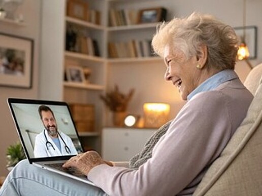 Ältere Dame spricht online mit einem Arzt